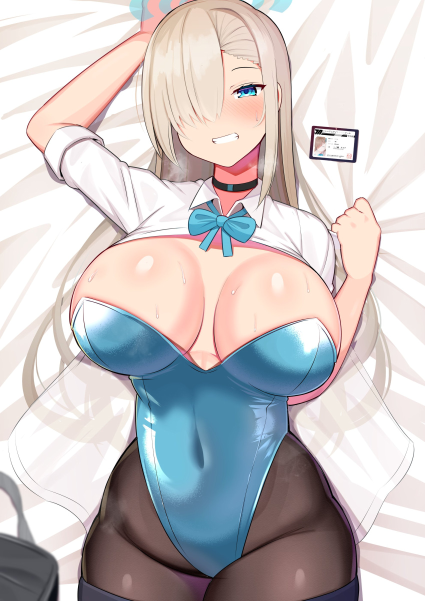 1girls 2022 asuna_(blue_archive) asuna_(bunny)_(blue_archive) blonde_hair blue_archive blue_eyes blue_leotard blush bowtie breasts bunny_ears bunny_girl bunnysuit cropped_shirt female female_only grin hair_over_one_eye hi_res highleg_leotard huge_breasts id_card jakko leotard long_hair looking_at_viewer lying_on_back sheer_legwear short_sleeves sleeves smile thick_thighs thighs tights