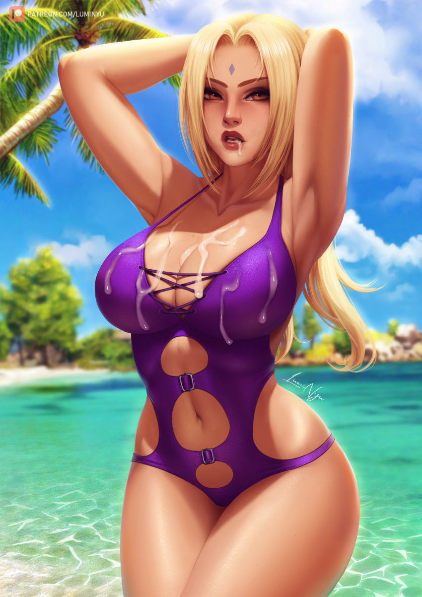 1girls armpits arms_behind_back arms_behind_head arms_up barely_contained beach big_breasts bikini blonde_hair brown_eyes cum cum_in_mouth cum_on_breasts curvaceous curves curvy female female_focus female_only fixing_hair high_resolution highres hips hokage large_breasts lips lipstick long_hair luminyu mature mature_female naruto naruto_shippuden navel one-piece_swimsuit open_mouth smile solo solo_focus swimsuit tattoo thick_thighs thighs tsunade voluptuous white_skin yellow_hair