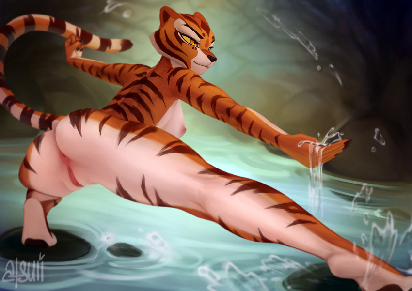 anthro anus atsuii breasts crouching dreamworks felid feline felis female fur furry furry_only genitals hi_res kung_fu_panda mammal master_tigress naked nipples nude orange_body orange_eyes orange_fur outside pantherine pink_nipples pussy rear_view signature smile solo stripes tail tiger water