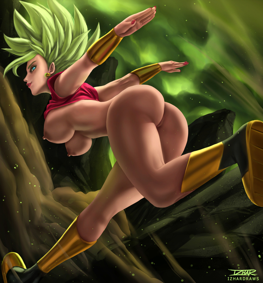 1girls abs big_ass big_breasts boots dragon_ball dragon_ball_super female green_hair izhardraws kefla legendary_super_saiyan nude saiyan super_saiyan super_saiyan_2 tight_clothing