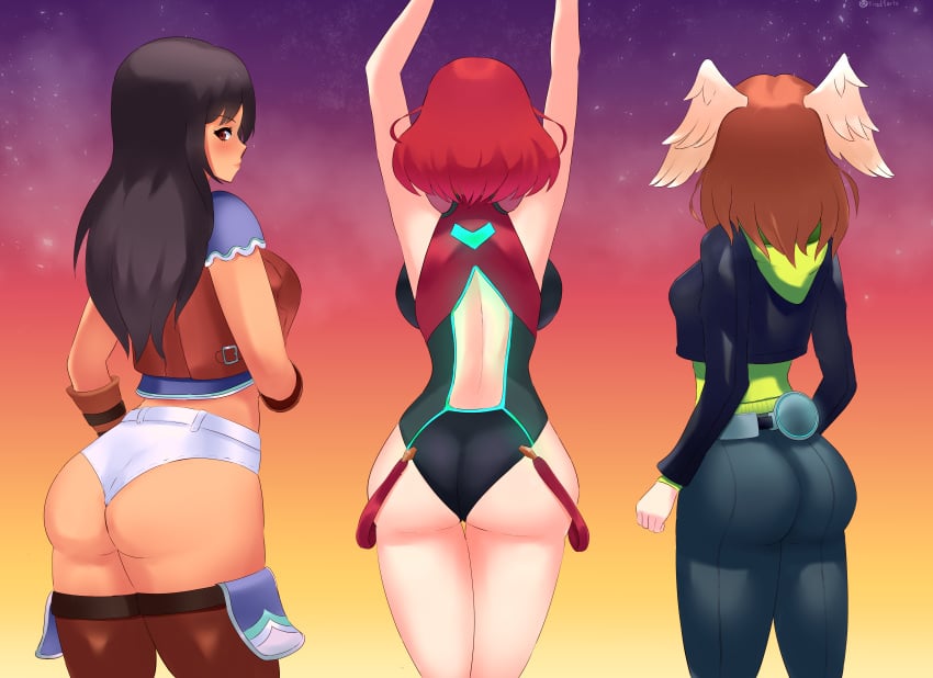 3girls ass back background big_ass black_hair bodysuit boots brown_hair clothing daisy_dukes eunie_(xenoblade) female hoodie jacket multiple_girls nintendo png pyra red_eyes red_hair sharla_(xenoblade) short_shorts sunset swimsuit tiredtorto xenoblade_(series) xenoblade_chronicles xenoblade_chronicles_2 xenoblade_chronicles_3