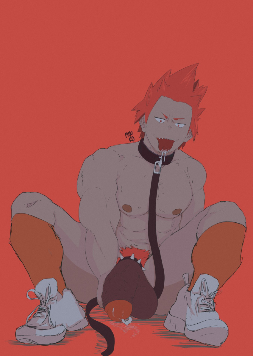 cock_ring collar drooling eijirou_kirishima flaccid leash looking_down male male_only minkoni2 my_hero_academia pecs penis_piercing piercing pubic_hair red_background red_eyes red_hair sharp_teeth shoes socks solid_color_background solo solo_male spiked_cock_ring spiky_hair teeth tongue tongue_out uncensored watermark