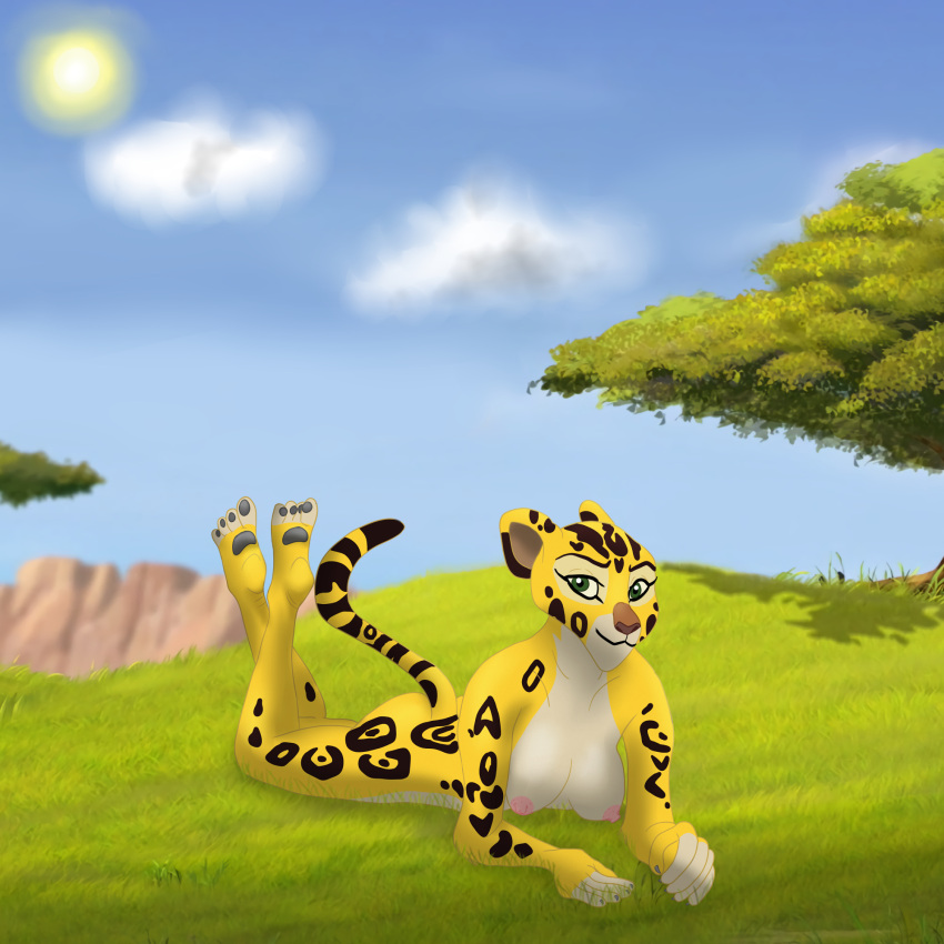 anthro breasts cheetah claws conditional_dnp disney felid feline female fuli fur fur_markings fur_spots giftheck green_eyes hi_res lying mammal markings nipples on_front smile solo the_lion_guard the_lion_king yellow_body yellow_fur