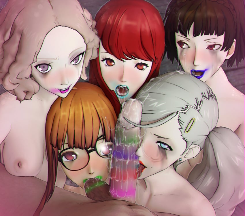 1boy 5girls accurate_art_style ann_takamaki atlus ball_sucking blue_lipstick breasts brown_hair collaboration cum cum_in_mouth drool erect_penis female ginger_hair glasses green_lipstick harem haru_okumura hi_res highres kasumi_yoshizawa light-skinned_female light-skinned_male light_skin lipstick lipstick_mark lipstick_on_balls lipstick_on_penis lipstick_ring looking_at_viewer makoto_niijima male male_pov megami_tensei mouth_open nipples official_style partial_male persona persona_5 persona_5_royal pink_lipstick pov purple_lipstick rainbow_party red_hair red_lipstick reliusmax ren_amamiya running_mascara runny_makeup sakura_futaba sega sixsome sucking_testicles sumire_yoshizawa teamwork xelandis