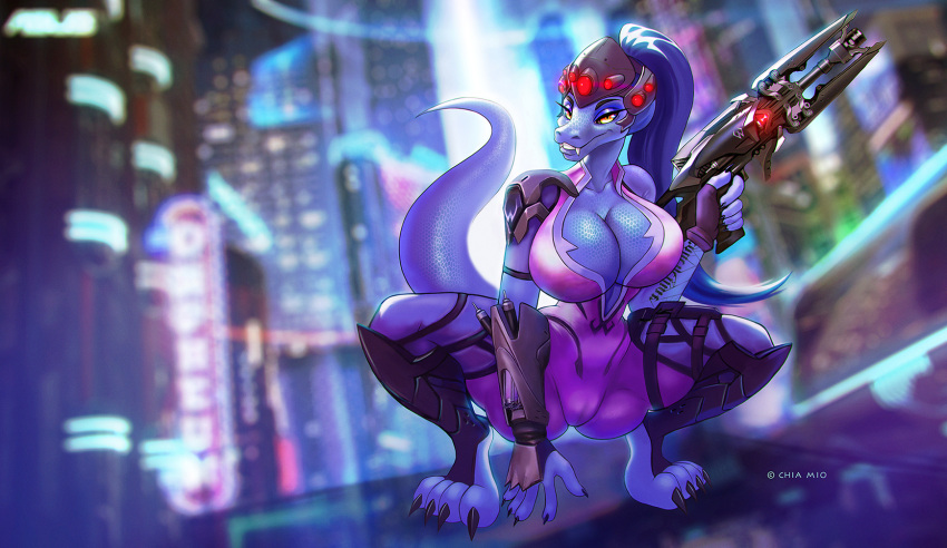 2d absurd_res anthro big_breasts blue_body blue_hair blue_skin bodysuit breasts chia_(chia_mio) chia_mio cityscape claws clothed clothing cosplay fangs feet female finger_claws furry hi_res huge_breasts lizard long_hair monitor_lizard night overwatch reptile scalie scalie_female scalie_only smile tail thick_tail thick_thighs tight_clothing toe_claws video_games widowmaker widowmaker_(cosplay)