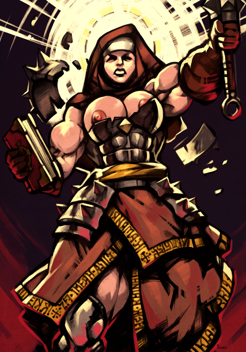 1girls abs angry battle_nun biceps big_breasts breasts_out darkest_dungeon exposed_breasts human human_only janrock light-skinned_female light_skin muscular muscular_arms muscular_female muscular_thighs nun nun's_habit priestess vestal_(darkest_dungeon) warrior_nun weapon