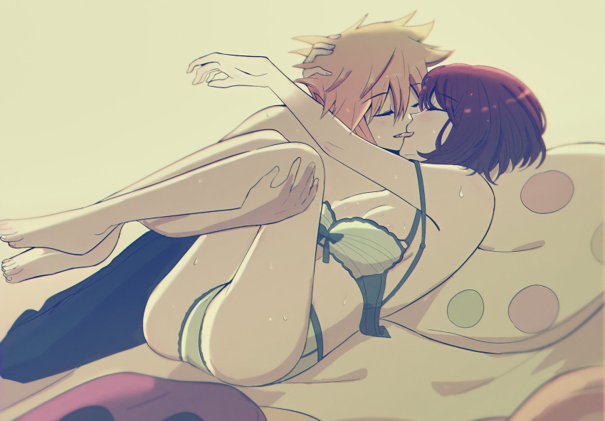 1boy 1boy1girl 1girls alternate_breast_size altorav ass bed brown_hair drooling grabbing_legs horny_female in_bed kissing lingerie making_out messy_hair neku_sakuraba orange_hair pale_skin panties partially_clothed pillow rg_shiki shiki_misaki shirtless short_hair sweat the_world_ends_with_you thighs tongue_kiss tongue_out undressing wholesome