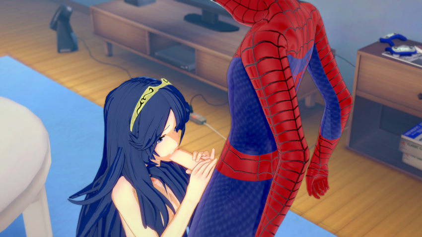 blowjob cock_worship cowman crossover cute eastern_and_western_character fellatio female fire_emblem fire_emblem_awakening lucina_(fire_emblem) marvel marvel_comics nintendo oral shy spider-man spider-man_(series) straight_hair teenager