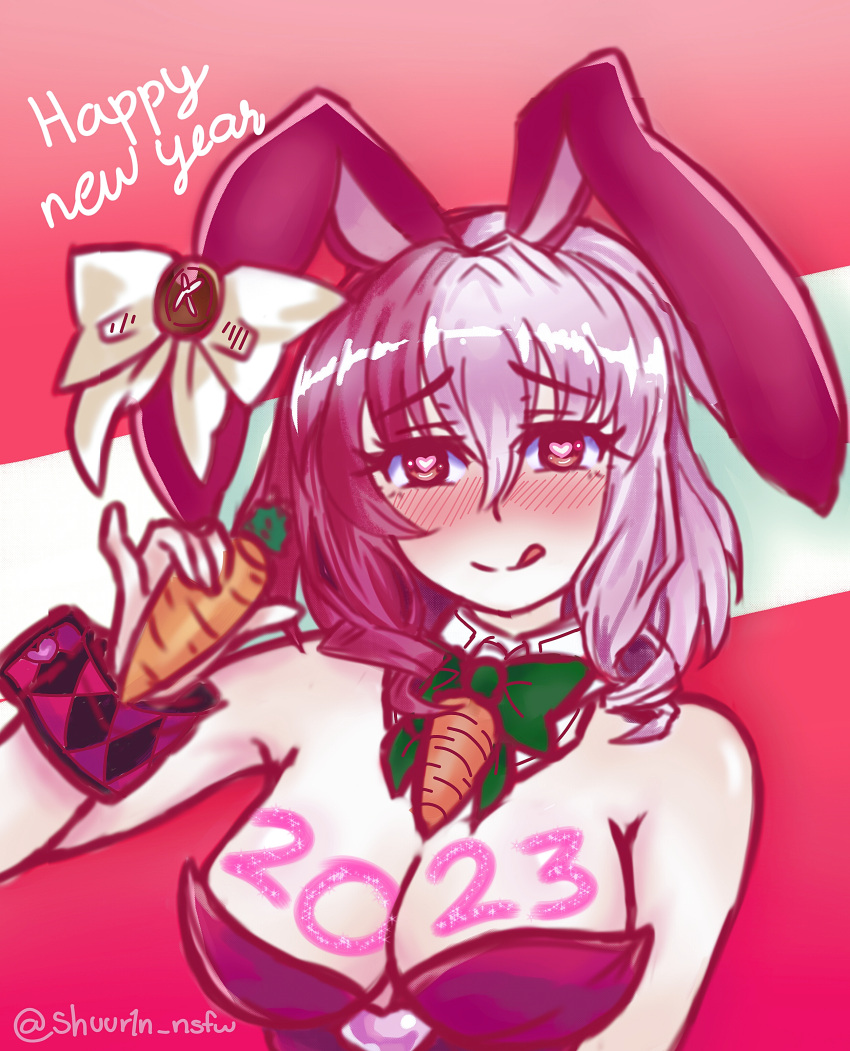 big_ears bunny bunny_ears bunny_girl bunnysuit curly_hair female female_focus female_only heart-shaped_pupils holding_object march_hare monster_girl monster_girl_encyclopedia new_year pink_background short_hair smiling smiling_at_viewer solo solo_female solo_focus two_tone_hair