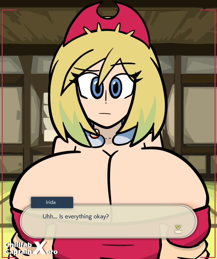 1girls alternate_breast_size breast_grab breasts chillfab cleavage clothing female groping huge_breasts human human_only irida_(pokemon) looking_at_viewer massive_breasts nintendo pokemon pokemon_legends:_arceus pov text_box