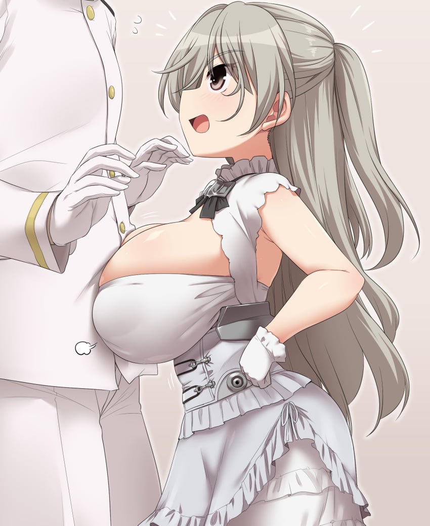 1boy admiral_(kantai_collection) blush breast_press breasts brown_eyes cleavage conte_di_cavour_(kantai_collection) dress female flying_sweatdrops frills gloves gradient gradient_background grey_background grey_eyes grey_hair hat height_difference highres huge_breasts kantai_collection long_hair military military_uniform naval_uniform one_side_up open_mouth pants petite shortstack uniform white_dress white_gloves white_legwear white_pants yoshi_tama