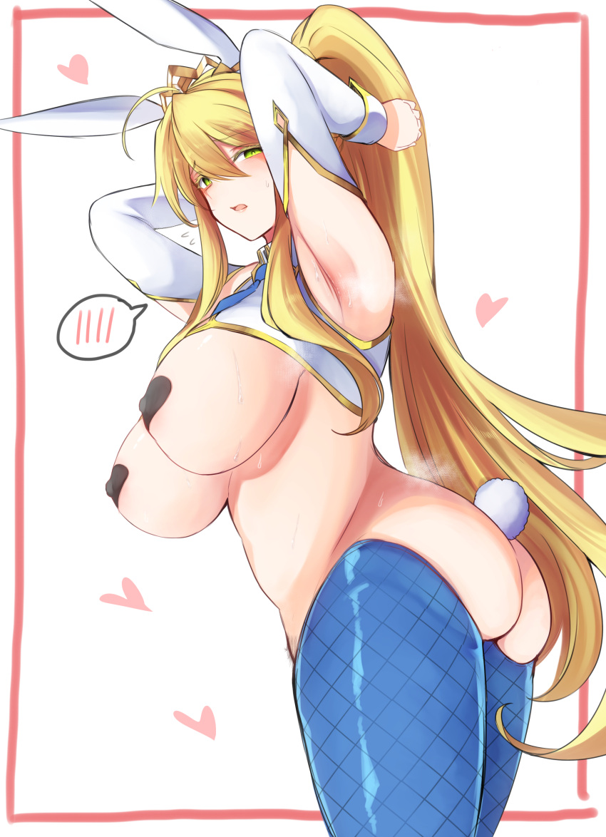 10eki_(tenchou) absurdres ahoge animal_ears armpits arms_behind_head arms_up artoria_pendragon artoria_pendragon_(fate) artoria_pendragon_(swimsuit_ruler) ass bangs bare_shoulders black_heart_pasties black_pasties blonde_hair blue_legwear blush braid breasts bunny_ears bunny_girl bunnysuit covered_nipples detached_sleeves fate/grand_order fate_(series) female fishnet_legwear fishnets french_braid green_eyes hair_between_eyes heart heart_pasties highres large_breasts long_hair looking_at_viewer meme_attire navel open_mouth pasties ponytail rabbit_ears rabbit_tail revealing_clothes reverse_bunnysuit reverse_outfit sidelocks solo swept_bangs tail thighs white_background