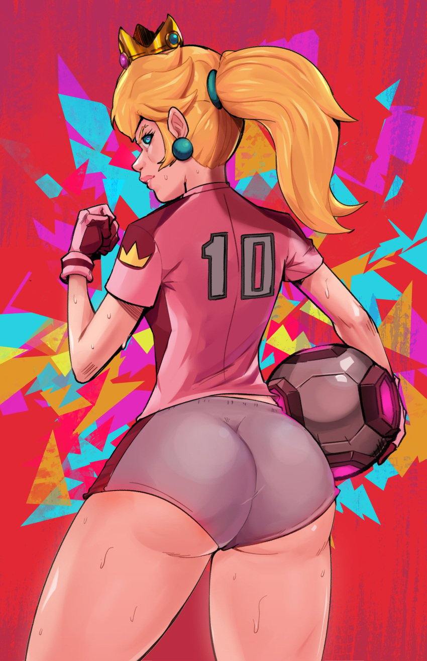 1girls ass ass_cheeks ass_focus ass_peeking_out_of_shorts blonde_hair blue_eyes booty_shorts butt_focus crown facing_away female female_only football football_(ball) football_uniform gray_shorts hot_pants light-skinned_female looking_back mario_(series) mario_strikers pearl_earrings pink_shirt plump_ass ponytail princess_peach short_shorts shorts solo solo_female sweat tight_shorts underass white_shorts zukupow