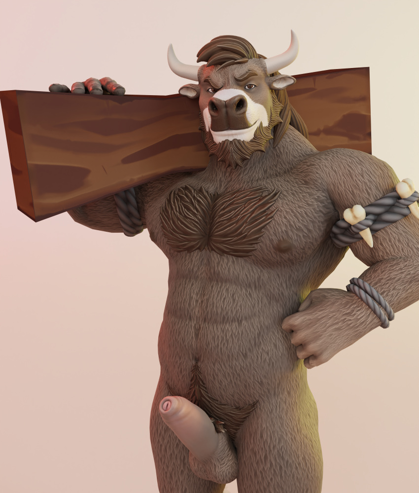 absurd_res beard bodily_fluids bovid bovine bulge buruthebull cattle clothing facial_hair foreskin genital_fluids genitals hair hi_res horn log male male/male mammal nipples pecs penis rope smile smirk solo tuft underwear wood