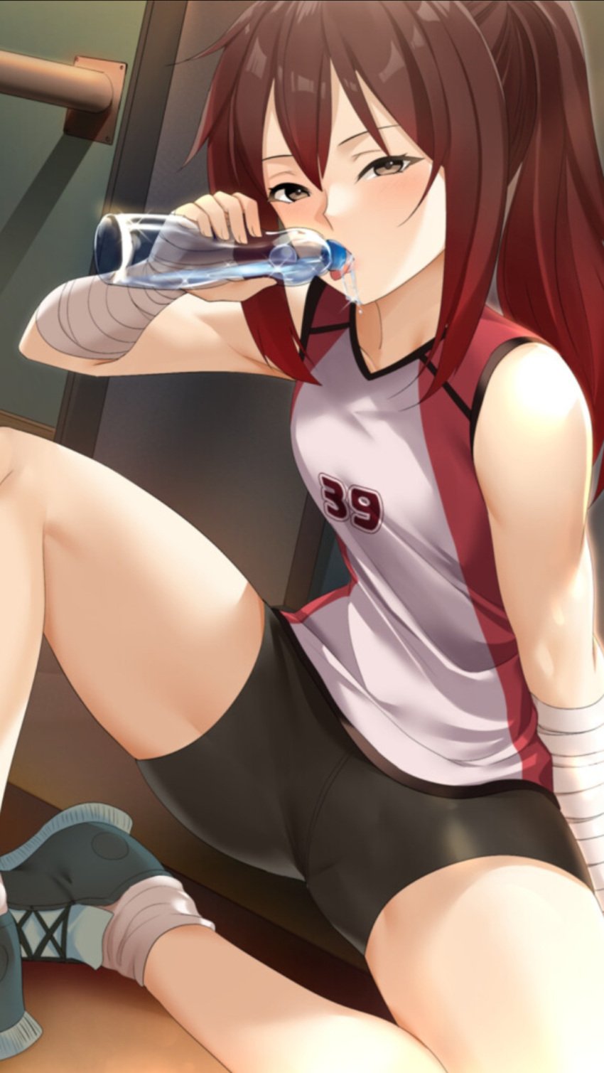 1girls drinking_water eroblast female looking_at_viewer red_hair saki:eroblast shoes solo