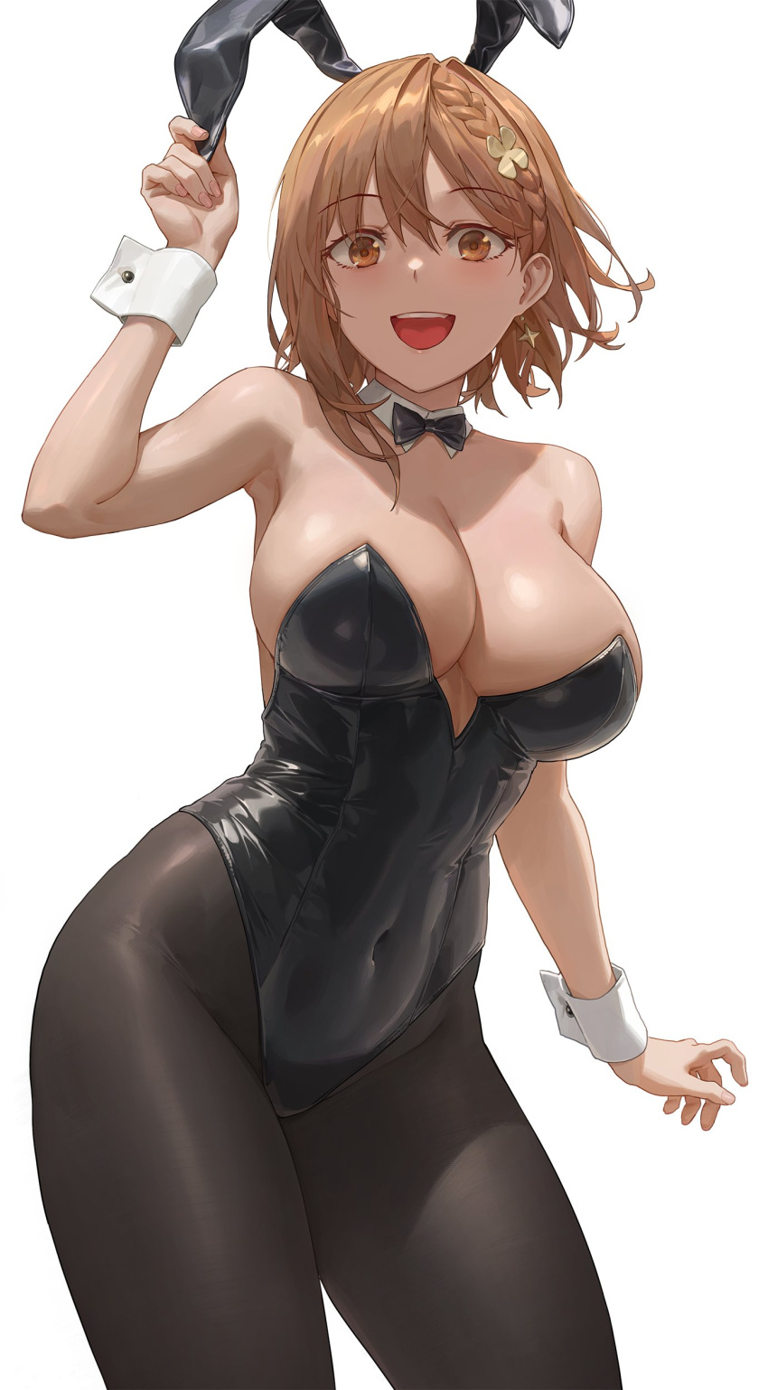 1girls atelier_(series) atelier_ryza big_breasts black_leotard breasts brown_eyes brown_hair bunny_ears bunny_girl bunnysuit clothed female huge_breasts leotard light-skinned_female light_skin reisalin_stout short_hair smile thick_thighs wide_hips yohan1754