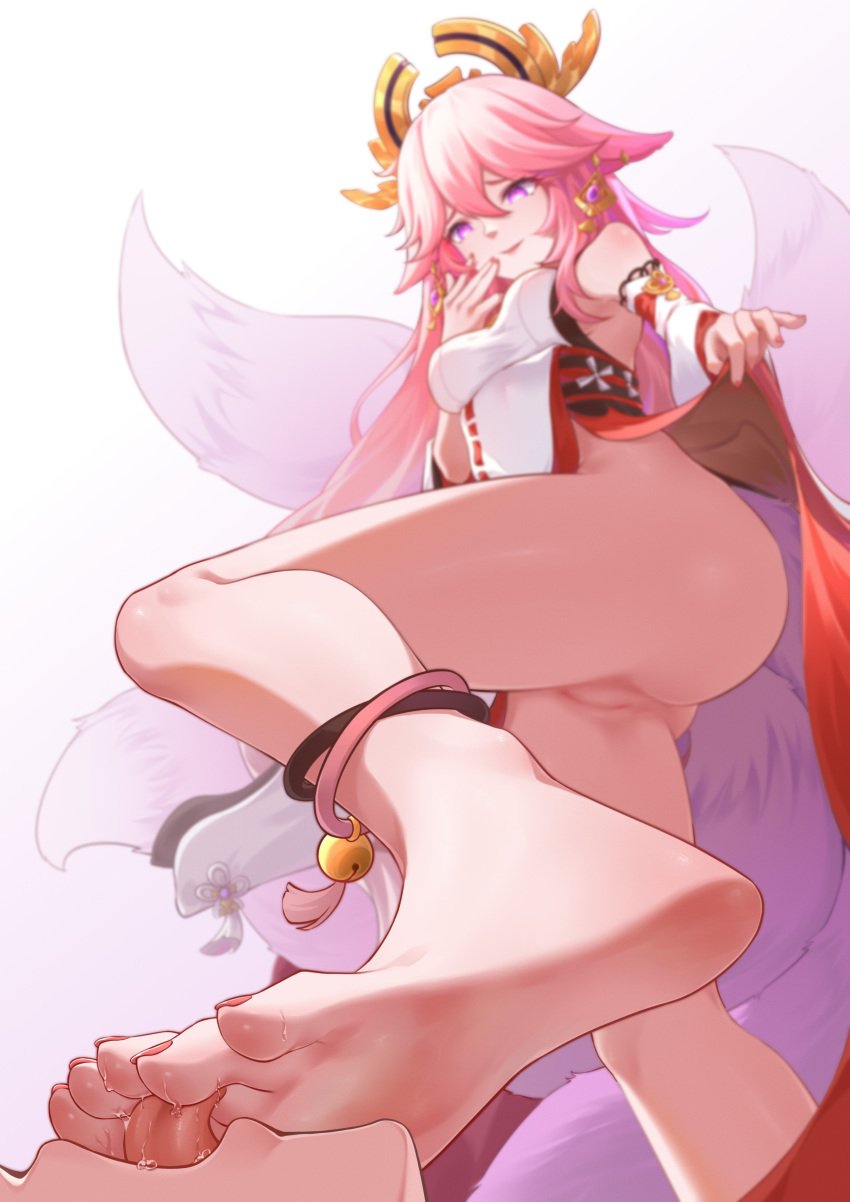 absurdres animal_ears anklet bare_legs bare_shoulders barefoot blurry blurry_background breasts chan_sang cleft_of_venus clothes_lift commentary_request depth_of_field detached_sleeves diamond-shaped_pupils diamond_(shape) dress feet female foot_focus fox_ears fox_girl fox_tail from_below genshin_impact hair_between_eyes hair_ornament hand_up highres jewelry legs licking licking_foot lifted_by_self long_hair looking_at_viewer medium_breasts multiple_tails nail_polish no_panties pelvic_curtain pink_hair pink_nails purple_eyes pussy sadism simple_background smile soles solo_focus standing symbol-shaped_pupils tail toenail_polish toenails toes tongue tongue_out uncensored white_background white_dress wide_sleeves yae_miko