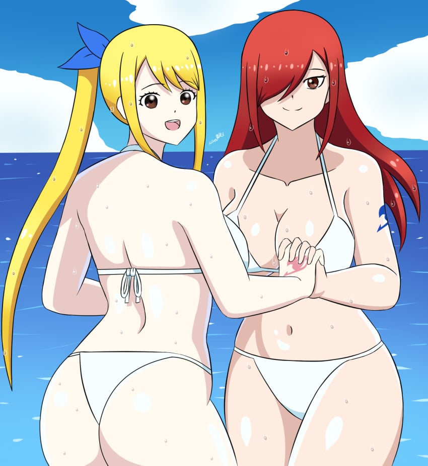 2girls ass breasts erza_scarlet fairy_tail female lucy_heartfilia outdoors outside sealllll swimsuit tagme thong thong_bikini white_thong