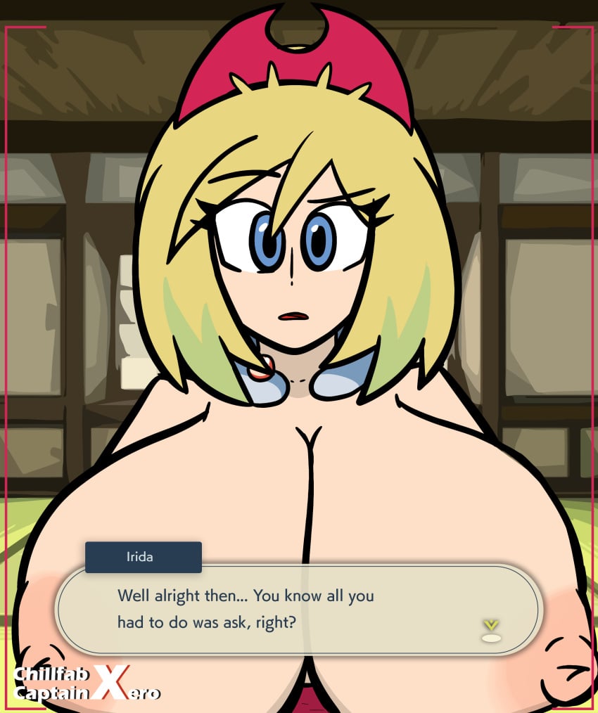 1girls alternate_breast_size breasts breasts_out chillfab clothing female huge_breasts human human_only irida_(pokemon) looking_at_viewer massive_breasts naive nintendo pokemon pokemon_legends:_arceus pov text_box