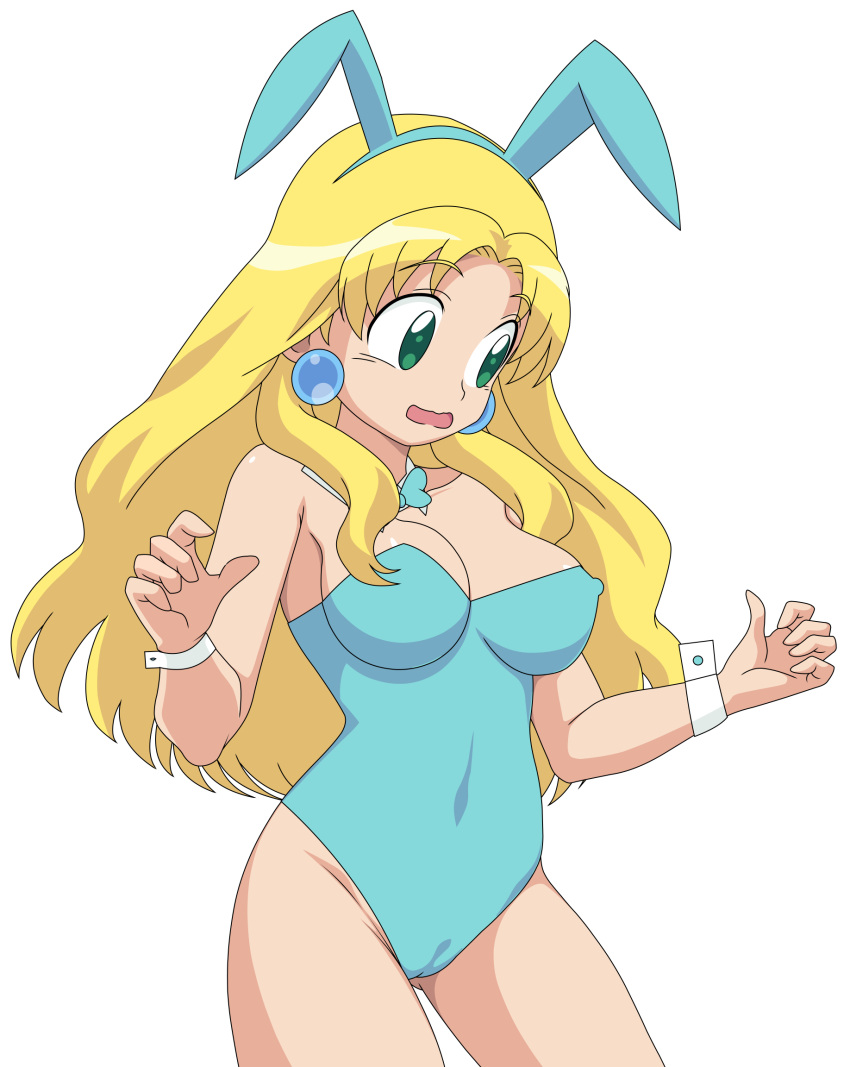 1girls a.t bangs big_breasts blonde blonde_hair bunny_ears bunny_girl bunnysuit cameltoe choker earrings female female_only green_eyes jewelry kalinka_cossack leotard long_hair mega_man mega_man(classic) mega_man_xover pussy solo solo_female