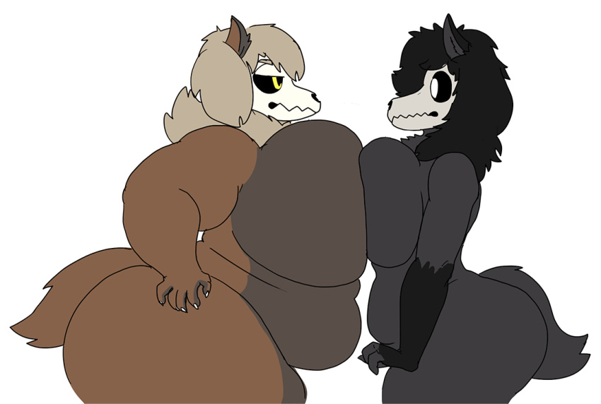 anthro ass big_breasts big_butt black_hair black_sclera breast_size_difference breast_squish breasts breasts_frottage brown_body brown_fur canid duo female fur grey_body grey_fur hair half-closed_eyes hand_on_hip huge_breasts huge_butt mammal narrowed_eyes nude obese obese_anthro obese_female overweight overweight_anthro overweight_female scp-1471 scp-1471-a scp_foundation skulldog_(species) squish vdisco white_eyes wide_hips willow_(vdisco) yellow_eyes