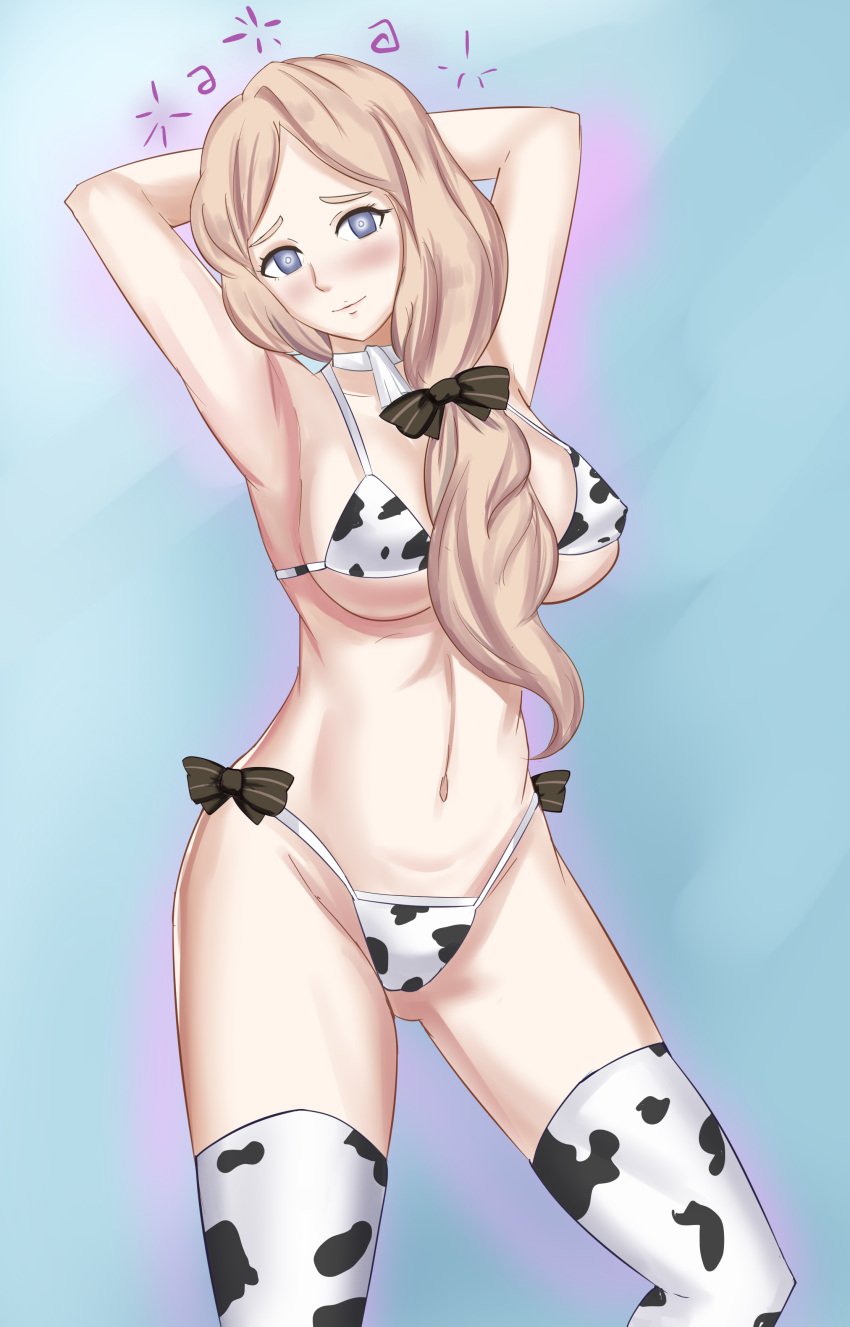 1girls alternate_costume ass_visible_through_thighs blonde_hair breasts cow_bikini cow_print female femsub fire_emblem fire_emblem:_three_houses hair_over_shoulder hypnosis large_breasts long_hair mercedes_von_martritz mind_control nintendo side_ponytail smeef solo