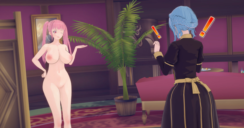 2girls 3d blue_hair breasts clothed_female_nude_female female fire_emblem fire_emblem:_three_houses garreg_mach_monastery_uniform hair_bun hilda_valentine_goneril long_hair marianne_von_edmund naked navel nintendo nipples nude pink_hair poly_(artist) twintails