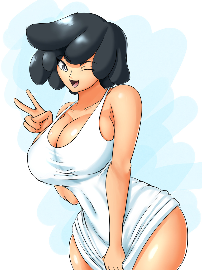 1girls 2020 3:4 ;d absurd_res bare_arms bare_shoulders black_eyes black_hair breasts cleavage clothing covered_navel desiredelta dress dress_tug eyebrows_visible_through_hair eyes_visible_through_hair female female_only highres huge_breasts looking_at_viewer matching_hair/eyes open_mouth original pose short_dress short_hair simple_background sleeveless sleeveless_dress smile solo standing summer7 thick_thighs thighs tight_clothing tongue v white_dress wide_hips wink