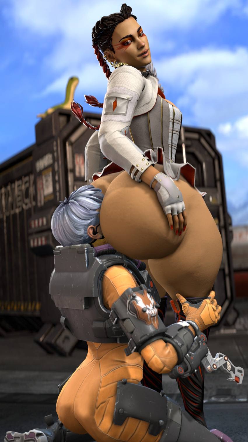 2girls 3d apex_legends ass ass_worship dentol face_in_ass female female_only huge_ass loba_(apex_legends) source_filmmaker valkyrie valkyrie_(apex_legends) yuri