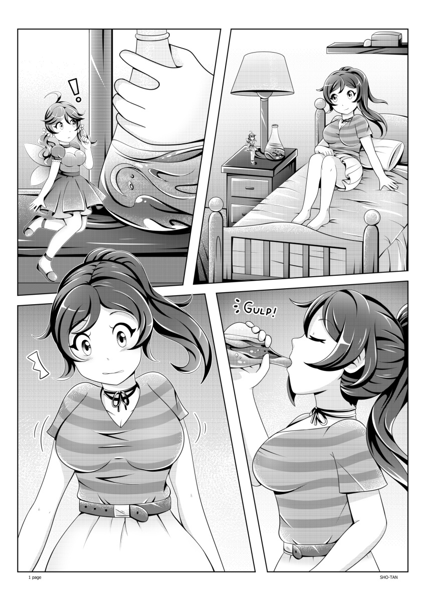 2girls breasts cleavage comic fairy fairy_wings female female_only huge_breasts larger_female monochrome original original_character page_1 ponytail sho-tan sho-tan_(thedoujin) size_difference smaller_female