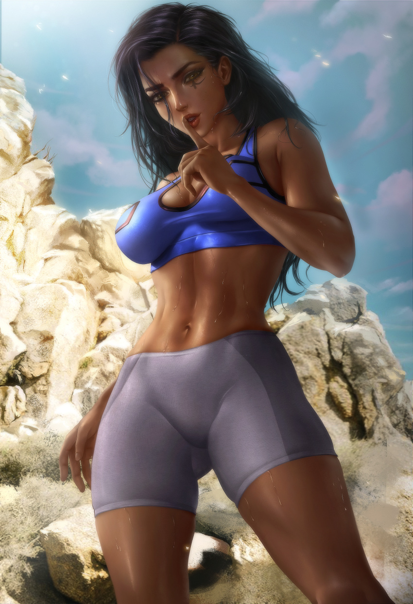 1girls 2d abs ana_amari athletic_female big_breasts black_hair blizzard_entertainment breasts captain_amari dark-skinned_female dark_skin female female_focus female_only gym_uniform high_resolution highres large_breasts logan_cure long_hair overwatch solo sports_bra sports_uniform tattoo