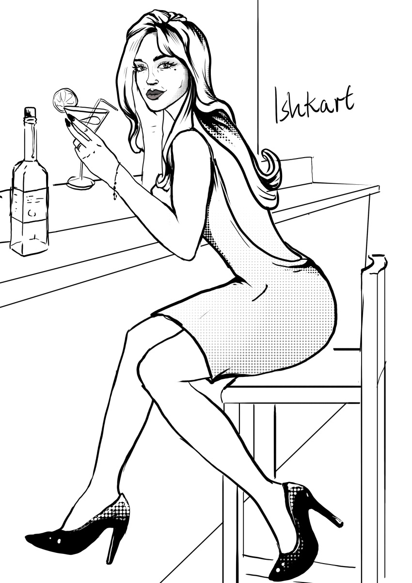 back classy dress drinking elegant elegant_dress eye_contact female female female_only high_heels ishkart long_hair looking_at_viewer retro retro_artstyle seductive seductive_smile side_view smile thick_thighs