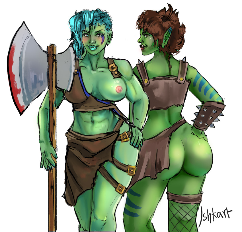 abs ass ass_focus axe bare_shoulders blizzard_entertainment blue_hair blush brown_hair exposed_breasts eye_contact fantasy female female_only green_skin horde horde_(warcraft) ishkart looking_at_viewer looking_back muscular nipples orc orc_(warcraft) orc_female orc_warrior ripped_clothing seductive short_hair smile tattoo thick thick_ass thick_thighs warrior warrior_(warcraft) world_of_warcraft wow