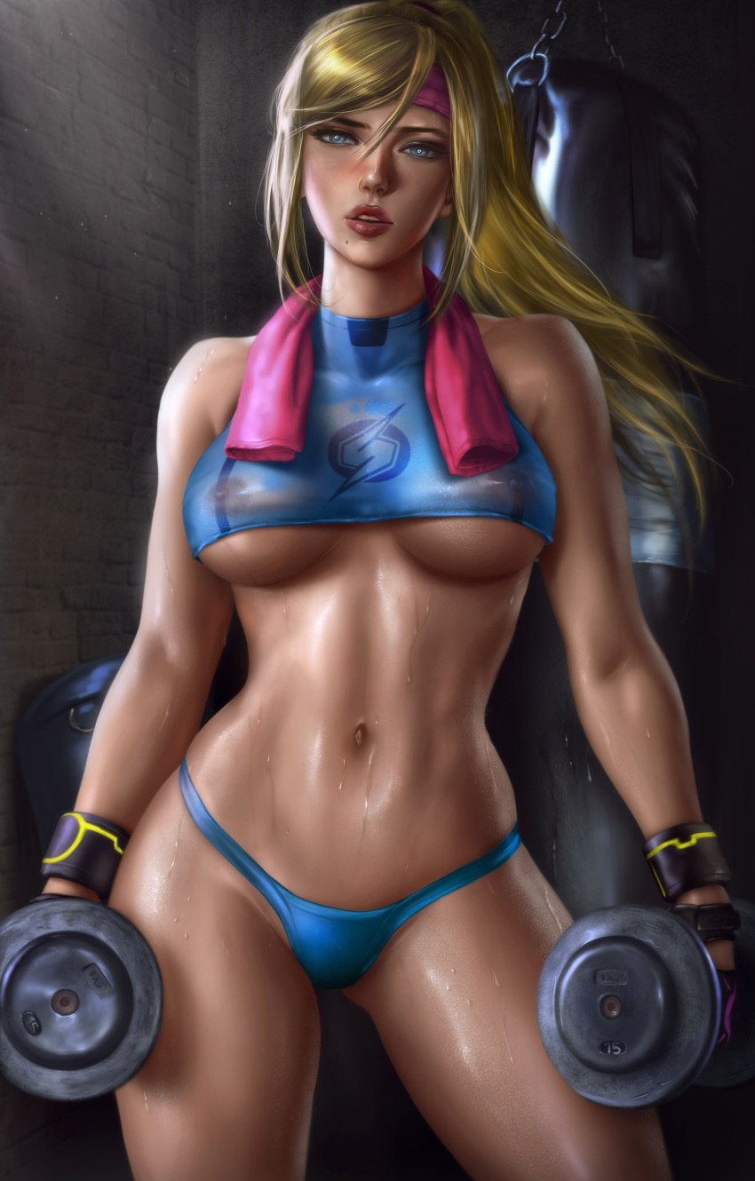 1girls abs big_breasts blonde_hair blue_eyes blushed breasts cleavage crop_top female female_only high_resolution highres large_breasts logan_cure metroid muscles muscular muscular_female nintendo nipples_visible_through_clothing panties punching_bag realistic samus_aran small_panties solo sweat thong toned toned_female underboob weights wet_clothes