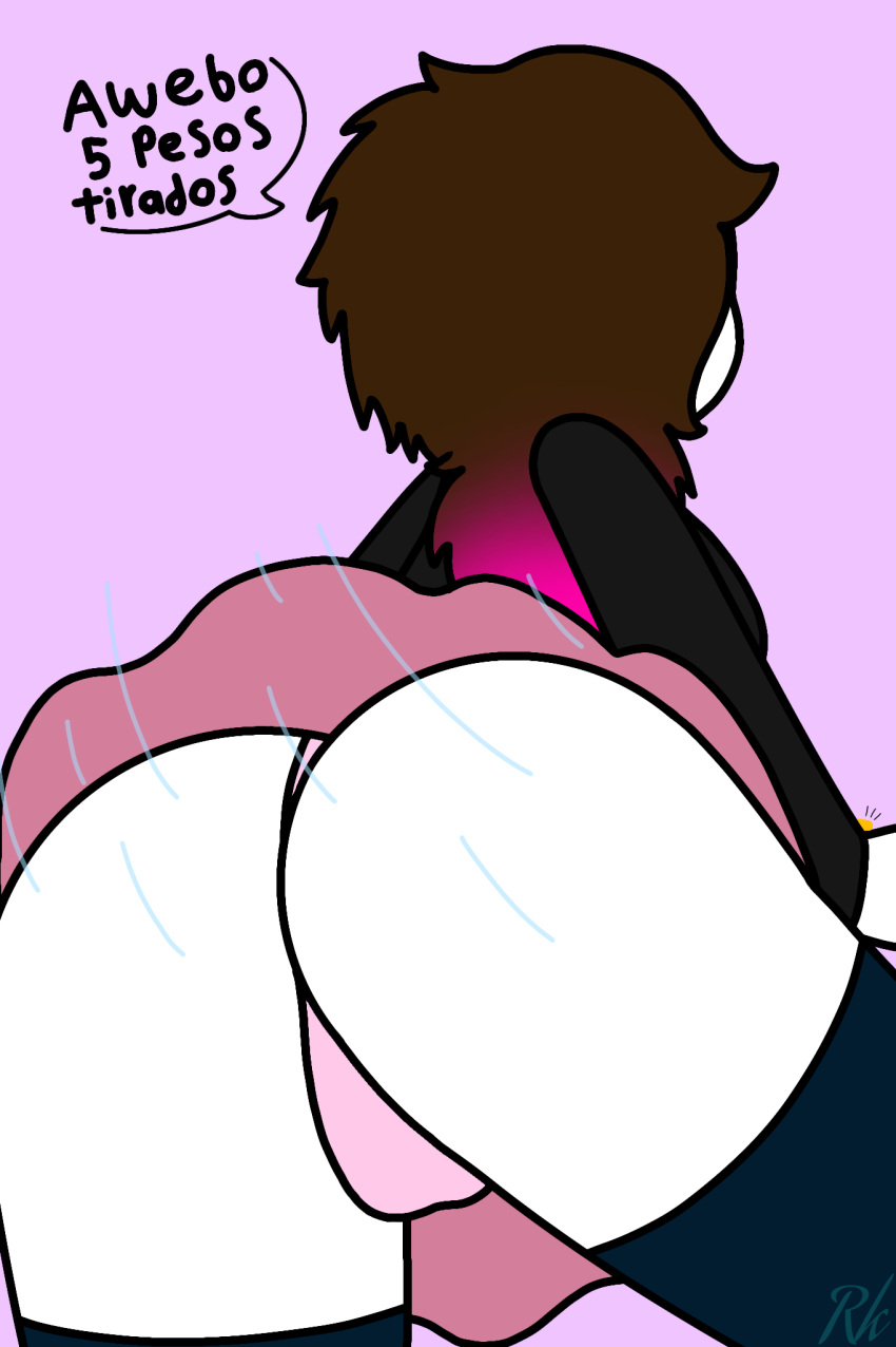 ass baby_tuttifruti_(artist) big_butt brown_hair chubby chubby_female clothing comet_gonzales_lopez crouched original panties pink_panties purple_background skirt spanish_text spooky_month_oc text text_bubble thick_thighs