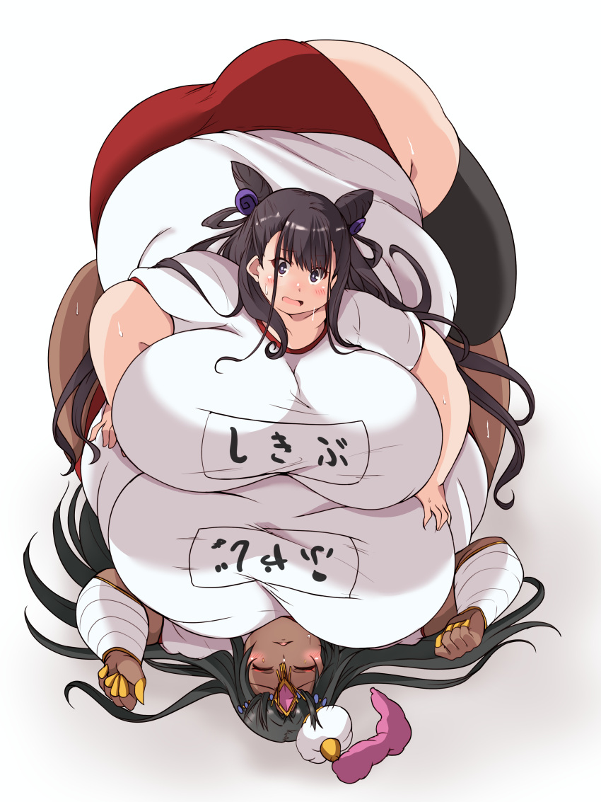 2021 2girls ass bbw big_ass black_hair blush breasts chubby chubby_female closed_eyes dark-skinned_female dark_skin fate/grand_order fate_(series) female_on_bottom female_on_top gym_uniform huge_ass huge_breasts japanese_text kurocaze large_ass large_breasts light-skinned_female long_hair murasaki_shikibu_(fate) obese obese_female overweight overweight_female scheherazade_(fate) text text_on_clothing text_on_shirt yellow_fingernails