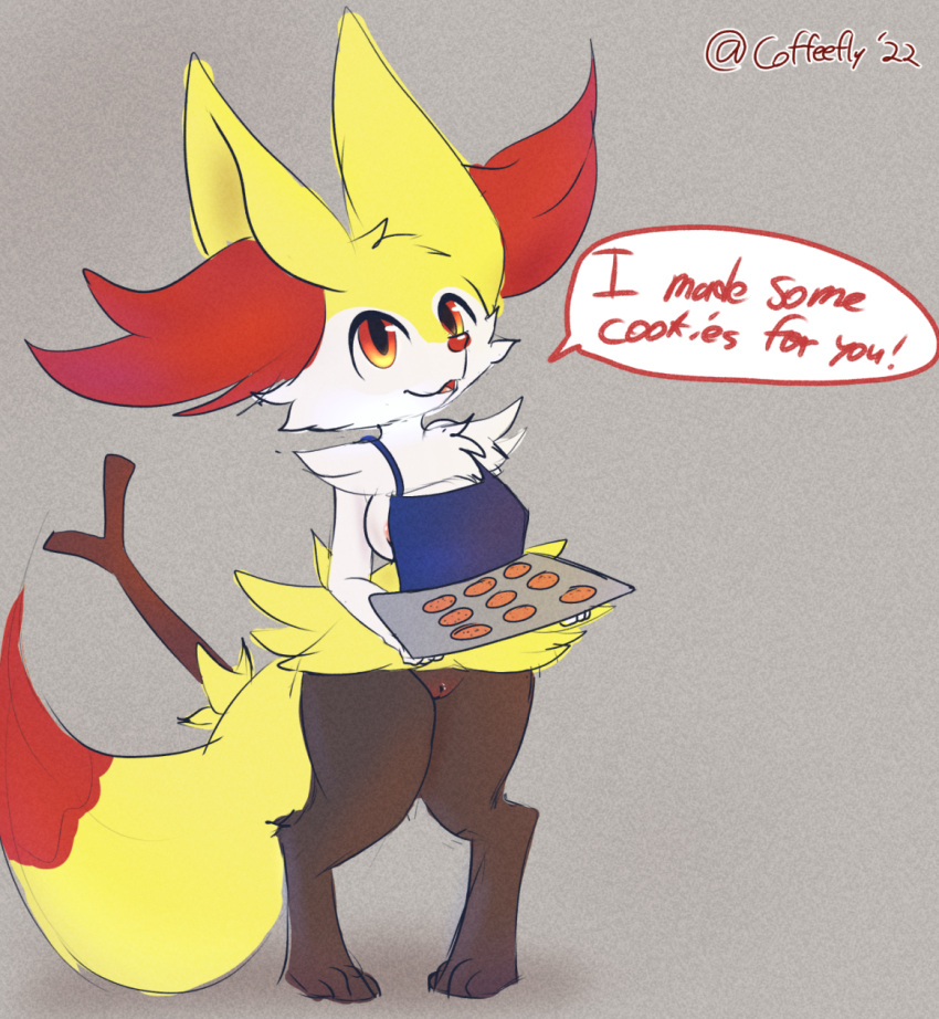 apron areola areola_slip braixen breasts clothing coffeefly cookie female food furry genitals hi_res nintendo pokémon_(species) pokemon pokemon_(species) pussy smile solo video_games