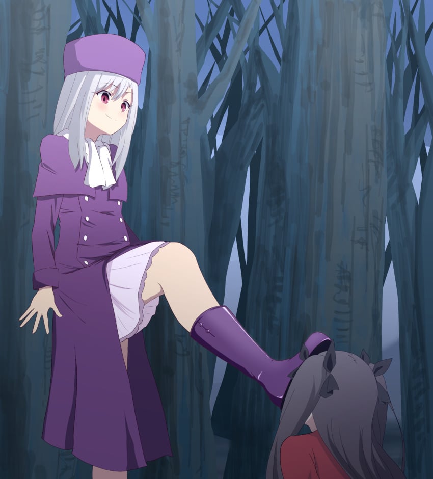 2girls against_tree black_hair blush boot_on_face boots bow brainwashing buttons cloak dress eyebrows eyebrows_visible_through_hair eyelashes eyelashes_visible_through_hair fate/stay_night fate_(series) female female_only femdom femsub foot_fetish footwear forest forest_background hair_ornament hat hypnosis hypnotic_smell illyasviel_von_einzbern kneeling leg_up light-skinned_female light_skin long_hair multiple_girls open_hand purple_clothing purple_eyes red_clothing resisting scarf skirt skirt_lift smile standing_on_one_leg stepped_on stepping_on_face stepping_on_female tohsaka_rin white_hair ze_r0_ze_r0