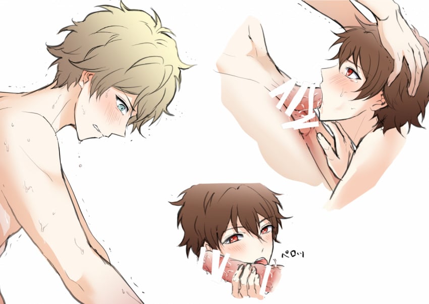 2boys blonde_hair blue_eyes blush brown_eyes brown_hair ensemble_stars! fellatio femboy gay girly kindo licking licking_penis looking_at_viewer male/male male_focus male_only morisawa_chiaki multicolored_hair multiple_boys nude open_mouth oral penis red_eyes ryuuseitai_(ensemble_stars!) short_hair streaked_hair takamine_midori testicle_sucking testicles tongue tongue_out white_background yaoi