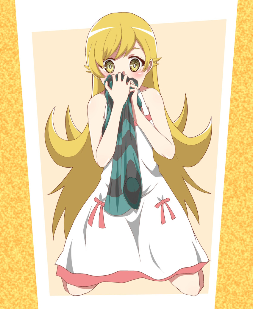 1girls @_@ bare_shoulders blush blushing border bow cloth_over_mouth eyes_wide_open flat_chest kneeling long_hair looking_forward messy_hair monogatari_(series) on_floor oshino_shinobu sleeveless smelling smelling_socks sniffing stockings sundress yellow_eyes yellow_hair ze_r0_ze_r0