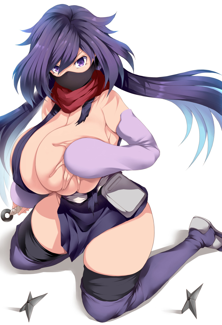 1girls 2022 ayame_(gundam_build_divers) breasts covering_breasts detached_sleeves female female_only fujisawa_aya gundam gundam_build_divers hi_res hips holding huge_breasts kneeling kunai kunoichi long_hair looking_at_viewer mask massive_breasts mouth_covered ninja one_breast_out purple_eyes purple_hair scarf shinobi shuriken simple_background skindentation slim_waist thick_thighs thighhighs thighs tsukasawa_takamatsu twintails weapon white_background wide_hips