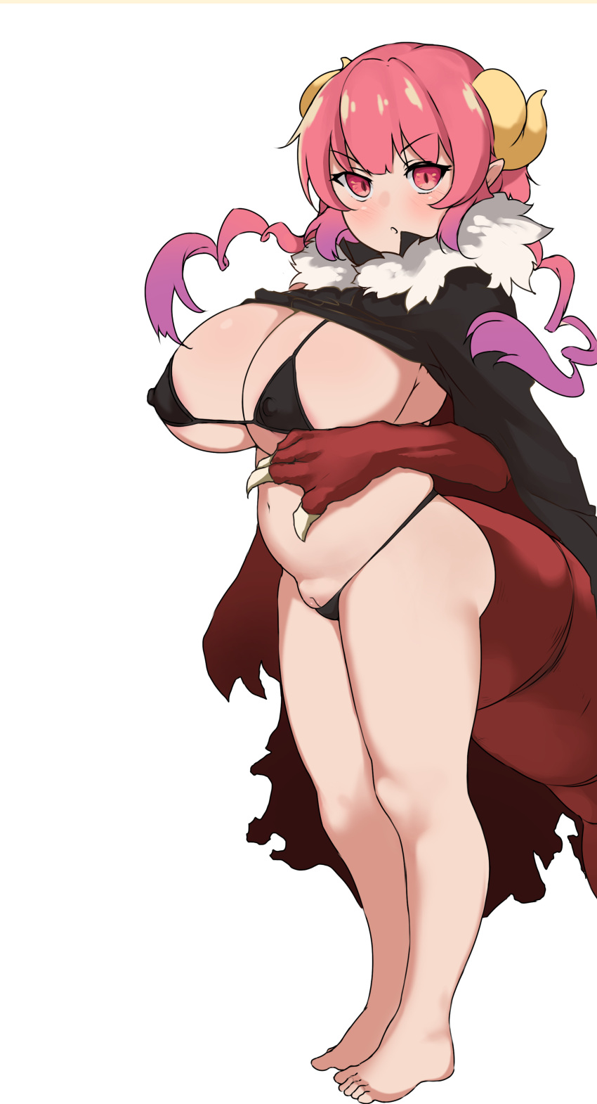 1girls ass big_breasts blush breasts eye_contact female high_resolution horns huge_breasts ilulu_(dragon_maid) looking_at_viewer micro_bikini miss_kobayashi's_dragon_maid nipple_bulge pussy red_eyes red_hair shortstack smaller_female solo standing tail thick_thighs thighs todding uncensored