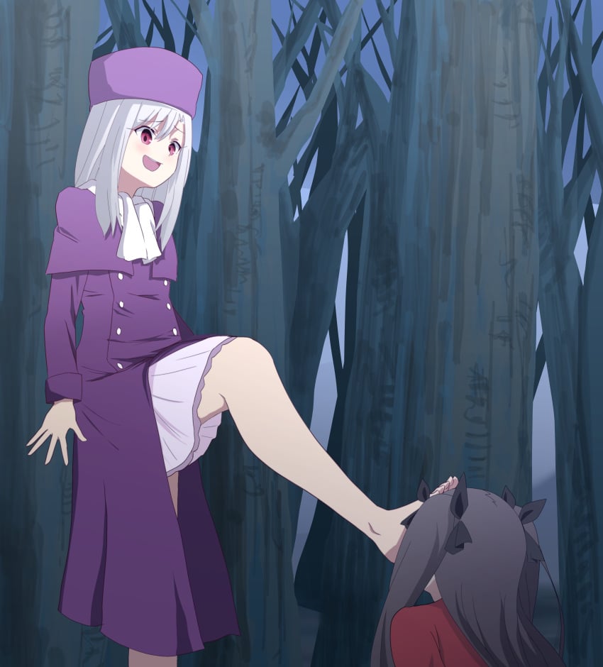 2girls against_tree bad_end barefoot black_hair blush bow brainwashing buttons cloak dress eyebrows eyebrows_visible_through_hair eyelashes eyelashes_visible_through_hair fate/stay_night fate_(series) female female_only femdom femsub foot_fetish foot_on_face footwear forest forest_background game_over giving_in hair_ornament hat hypnosis hypnotic_smell illyasviel_von_einzbern jacket kneeling laughing leg_up licking licking_feet light-skinned_female light_skin long_hair multiple_girls open_hand open_mouth purple_clothing purple_eyes red_clothing scarf skirt skirt_lift smile smug standing_on_one_leg stepped_on stepping_on_face stepping_on_female submission submissive tohsaka_rin white_hair ze_r0_ze_r0