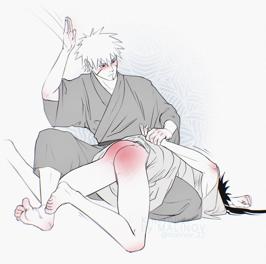 2boys ass ass_cheeks barefoot discipline held_down implied_yaoi long_hair male_only malinov naruto naruto_shippuden over_the_knee over_the_knee_spanking partially_clothed punishment senju_tobirama spank_marks spanking spanking_ass uchiha_izuna yukata