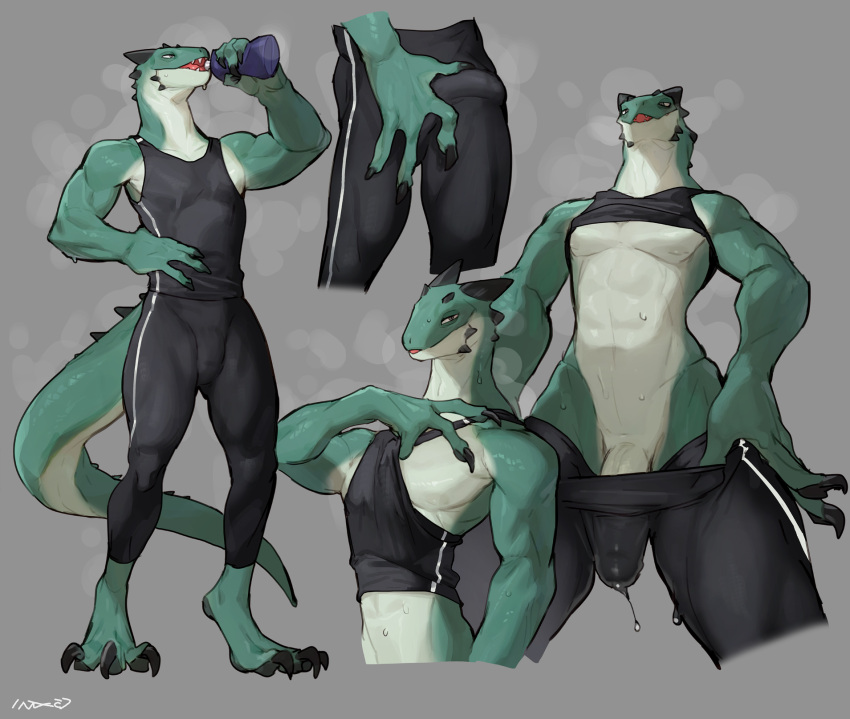 1boy 3_toes 4_fingers anthro bebebebebe countershading cuter_male drinking erection_under_clothes excid_(bebebebebe) green_body grey_background grey_eyes hi_res horns lizard looking_at_viewer male male_only muscular muscular_male musk narrowed_eyes penis_bulge penis_peek precum_through_clothing reptile sharp_claws solo solo_male sportswear steam sweat sweatdrop sweaty sweaty_body sweaty_genitalia tail undressing voluptuous