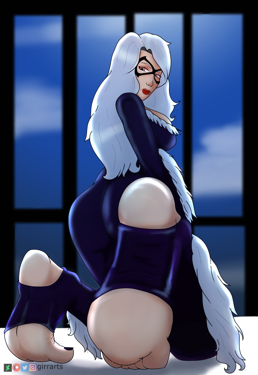 ass black_cat_(marvel) black_nails black_toenail_polish catsuit feet felicia_hardy girrarts lipstick marvel mask night soles spider-man_(series) stirrup_legwear toes white_fur white_hair window