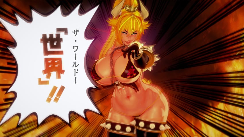 1girls 2022 ass big_ass big_breasts blonde_hair bowsette breasts earrings female fire horns huge_ass huge_breasts intimidating looking_at_viewer mario_(series) new_super_mario_bros._u_deluxe nintendo pointing shiny shiny_ass shiny_breasts shiny_skin skimpy skimpy_bikini spiked_collar spiked_tail spikes spiky_shell tail text text_box thick_thighs translation_request white_skin