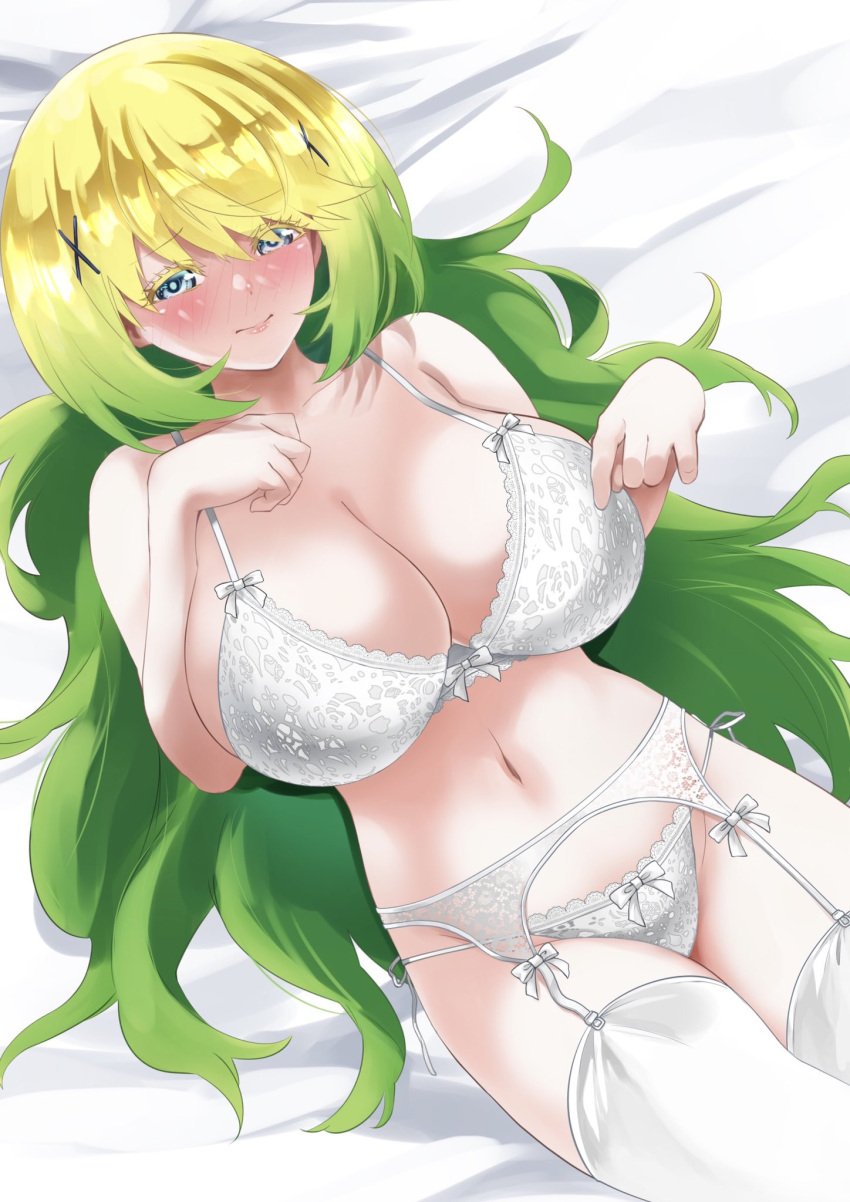 1girls bed bed_sheet big_breasts blush breasts cleavage female female_only lingerie otomi_mayura solo sousei_no_onmyouji thick_thighs twin_star_exorcists