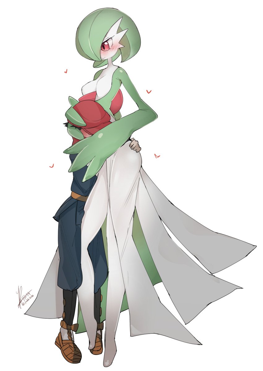 1boy 1girls alpha_pokémon big_breasts blush dress_aside gardevoir green_hair grinding heart height_difference hug hugging hugging_ass love male_human/female_gardevoir no_nipples pokemon pokemon_(species) pokemon_legends:_arceus red_eyes rei_(pokemon) rib:y(uhki) short_hair size_difference taller_girl tiptoes white_background wholesome wife