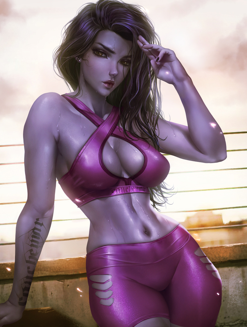 1girls big_breasts blizzard_entertainment breasts cleavage clothed_female earrings female female_focus female_only high_resolution highres hips hourglass_figure large_breasts logan_cure long_hair looking_at_viewer nail_polish overwatch purple_skin sports_bra sportswear sweat tattoo tattooed_arm wide_hips widowmaker